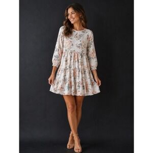 Zara Womens Fit & Flare Cute Dress Cream/Pink Romantic Cottagecore Floral Size S